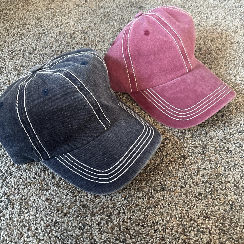 Set of Two Denim style navy and pink red baseball Caps with Contrast Stitching